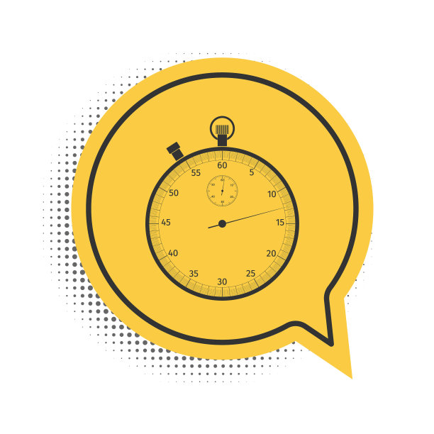 白色背景上的黑色经典秒表图标。定时器图标。计时器标志。黄色语音气泡符号。矢量图图片下载
