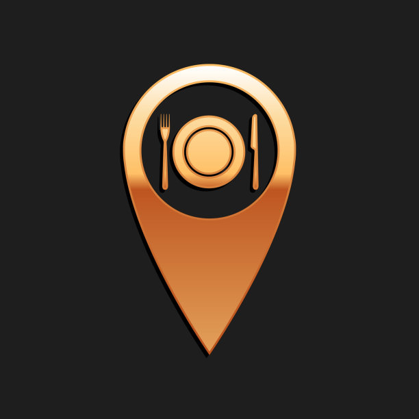 金色地图指针与餐厅和餐具，盘子，叉，刀图标孤立在黑色背景。长长的阴影风格。向量图片下载
