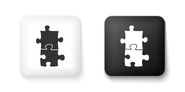 黑白拼图图标孤立在白色背景上。商业，市场营销，金融，模板，布局，信息图表，互联网概念。方形按钮。向量图片下载