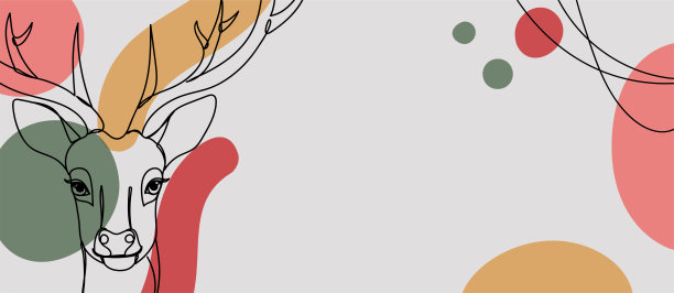 旗帜与圣诞鹿在一个手绘线性风格与彩色抽象污渍。图片下载