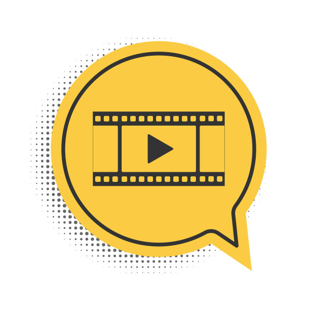 黑色播放视频图标孤立在白色背景上。带播放标志的胶片条。黄色语音气泡符号。向量图片下载