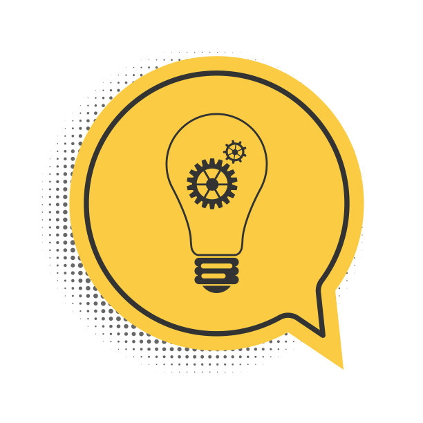 黑灯灯泡和齿轮内的图标孤立的白色背景。创新的概念。黄色语音气泡符号。向量图片下载