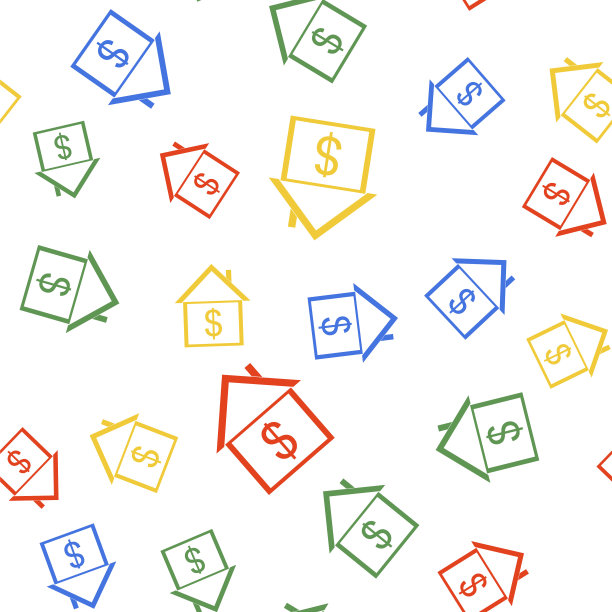 彩色房子与美元图标孤立无缝模式上的白色背景。家庭和金钱。房地产的概念。向量图片下载