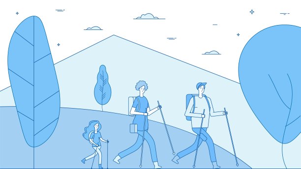 徒步旅行的人。家庭徒步旅行，父母的女儿在大自然中行走。夏季露营矢量图图片下载
