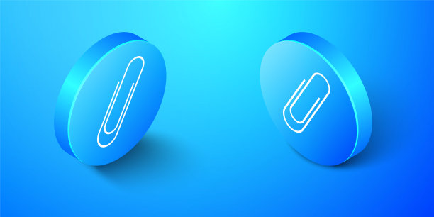 等距回形针图标孤立在蓝色背景。蓝色圆按钮。向量图片下载