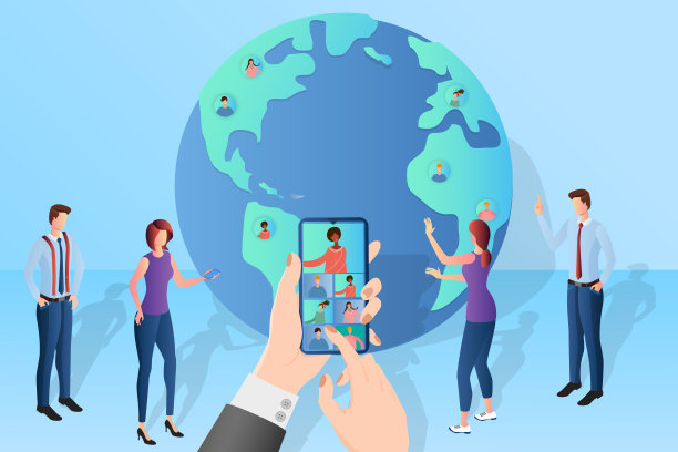 一群商人用智能手机举行在线视频会议图片下载