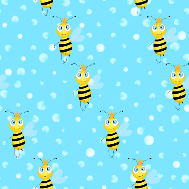 无缝图案与蜜蜂在蓝色圆点背景。可爱的卡通黄蜂角色。模板设计的邀请，卡片，纺织品，织物。平的风格。矢量插图。图片下载