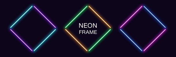 霓虹灯菱形框架。菱形霓虹灯边框设置在4个轮廓部分。几何形状图片下载