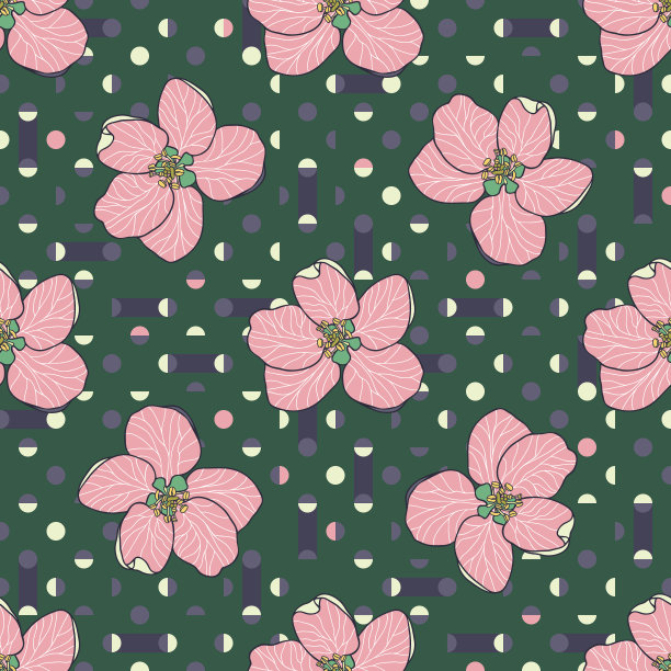 苹果花在圆点几何背景。现代花卉无缝矢量图案。图片下载