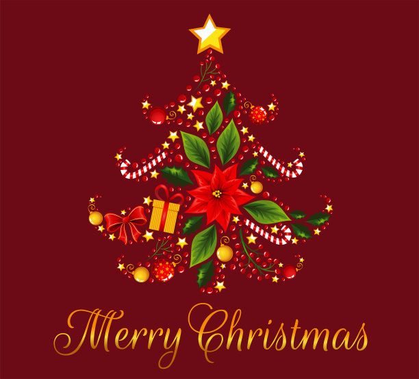 圣诞快乐的文字和圣诞细节在一棵圣诞树的形状。图片下载