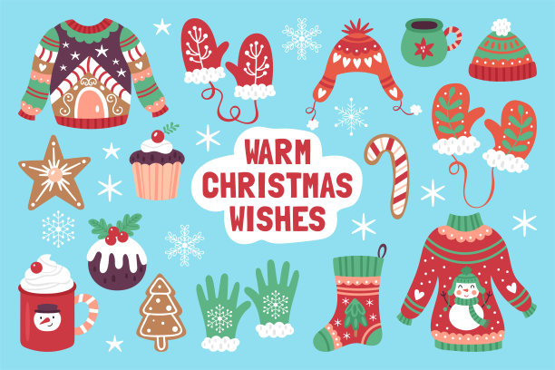 圣诞节日的可爱元素设置与毛衣，饼干和热巧克力杯。用于卡片、贴纸、装饰和服装的幼稚印花。矢量图图片下载