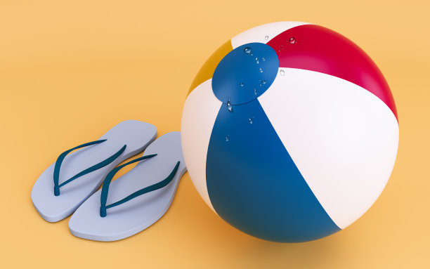沙滩球和沙滩拖鞋3d渲染插图在黄色的背景。暑假的概念。图片下载