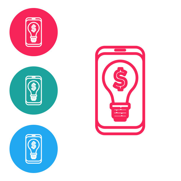商业灯泡与美元在智能手机屏幕图标孤立在白色背景。用户触摸屏幕。在圆形按钮中设置图标。向量图片下载