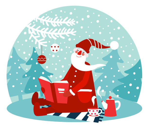 可爱的寒假插画与有趣的圣诞老人读一本书。圣诞和快乐的假期矢量卡图片下载