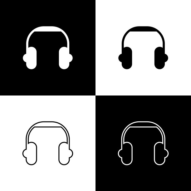 设置耳机图标隔离在黑白背景。耳机。听音乐、服务、沟通和操作员的概念。向量图片下载