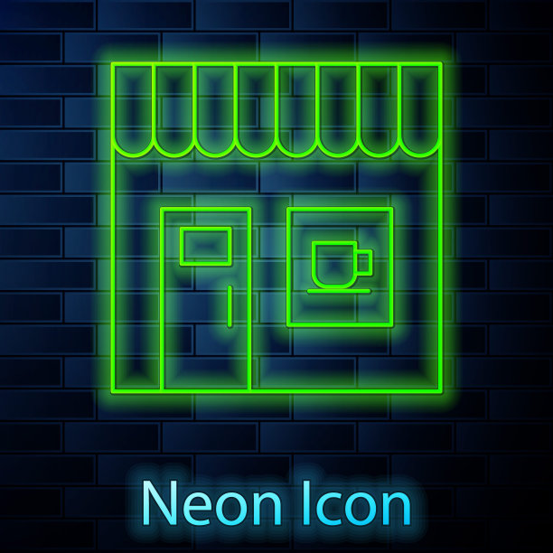 霓虹灯线咖啡店图标孤立的砖墙背景。向量图片下载