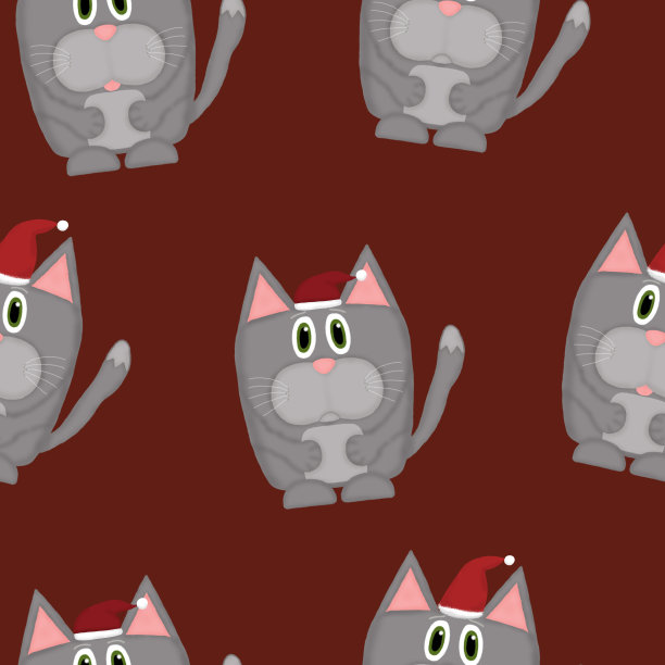 无缝图案的猫和圣诞老人的帽子在红色的背景图片下载