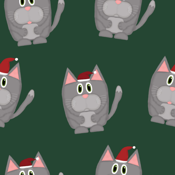 无缝图案的猫和圣诞老人的帽子在绿色的背景图片下载