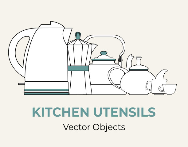 饮料、咖啡、茶具概念矢量隔离。茶壶水壶杯子水壶摩卡壶咖啡机简单形式插图图片下载