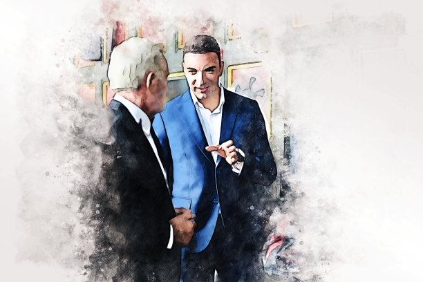抽象七彩高级行政总裁与年轻经理就水彩画插画背景进行业务洽谈。图片下载