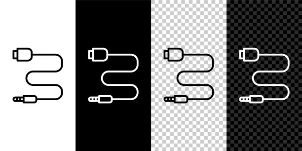 设置线音频插孔图标隔离在黑白背景上。用于连接音响设备的音频电缆。插线。乐器。向量图片下载