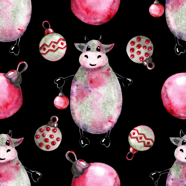 公牛象征着2021年装饰圣诞树。无缝模式。水彩手绘插图孤立的黑色背景图片下载