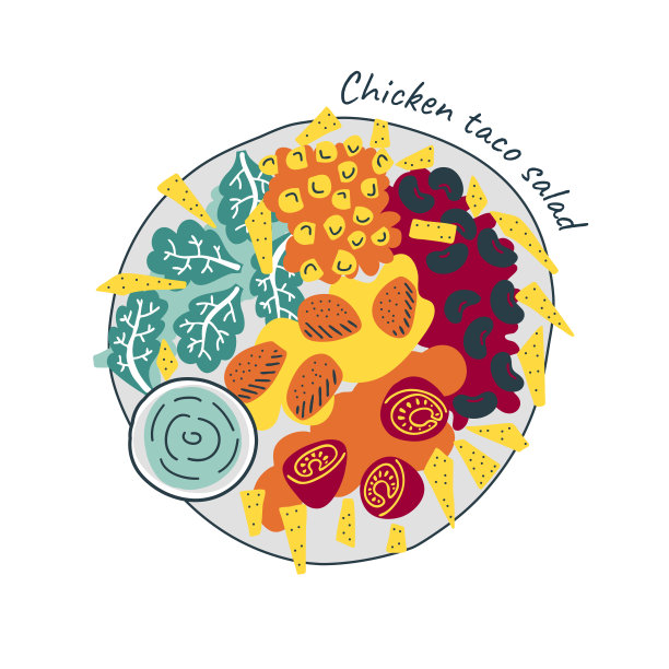 鸡肉玉米卷沙拉在盘子里，俯视图图片下载