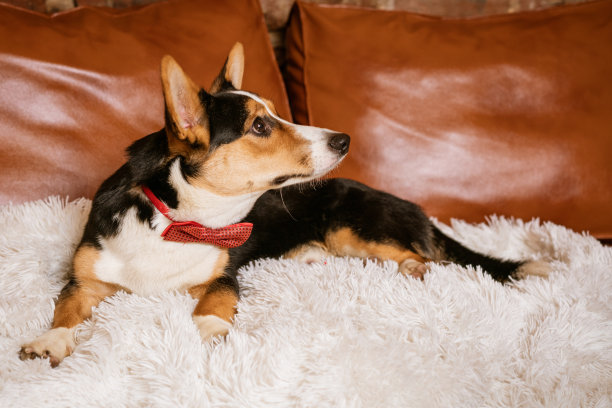 可爱的狗狗在沙发上系着红色的领带，这是节日的概念图片下载
