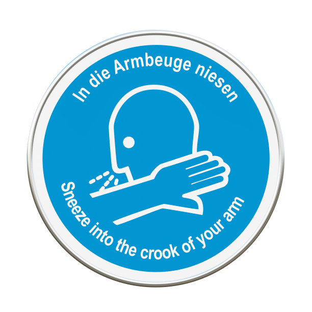 符号标志用德语和英语写着“在你的臂弯里打喷嚏”。图片下载