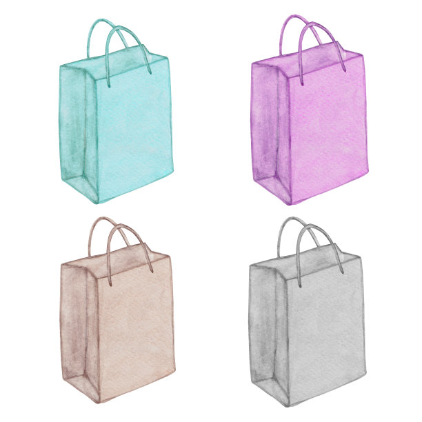 购物袋水彩插图。环保薄荷，粉色，棕色牛皮纸手绘礼品袋收集图片下载
