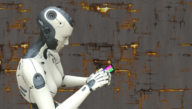 电子女孩与智能手机概念在技术背景3d插图图片下载