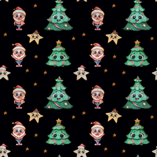 圣诞节的模式。有趣和可爱的角色-圣诞老人的礼物，一棵节日树和圣诞星星的脸和眼睛在一个黑色的背景。无缝模式。水彩图片下载