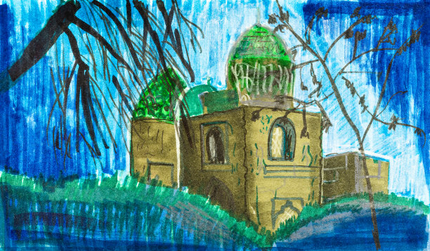 在秋天的夜晚与清真寺的水平城市景观图片下载