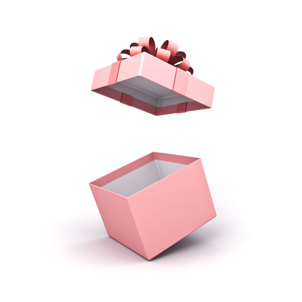 空白甜粉色粉彩礼物盒或打开礼物盒与粉色丝带和蝴蝶结孤立在白色背景与阴影最小概念图片下载