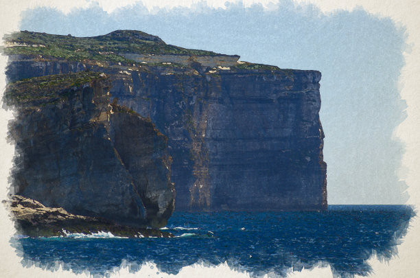 令人惊叹的真菌和Gebla悬崖的水彩画在Dwejra湾海滩附近倒塌的Azure窗户，马耳他戈佐岛图片下载