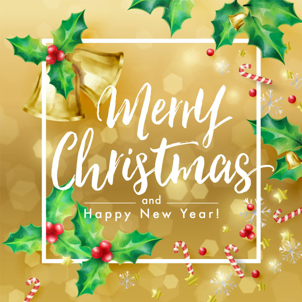 圣诞快乐节日横幅与季节的愿望和边界装饰冬青，星星，甘蔗糖，雪花和铃铛金色散景背景图片下载