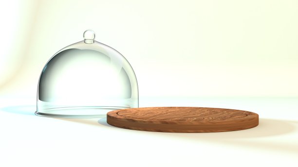 3D玻璃穹顶和木头站，食物，蛋糕站图片下载