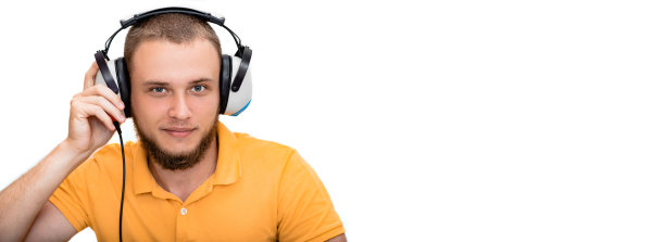 听力解决方案的网络横幅。阳性的人要做听力测试，听力测试。在白色背景上隔离图片下载