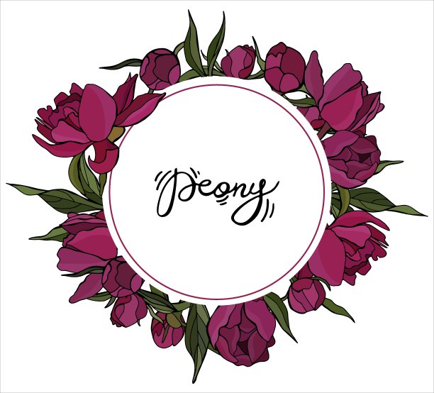 牡丹花明信片。牡丹刻字。圆形框架与花。图片下载