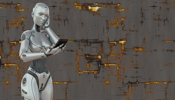 电子女孩与智能手机概念在技术背景3d插图图片下载