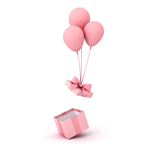 甜蜜的粉色粉彩礼盒或打开礼物盒与粉色丝带蝴蝶结和气球孤立在白色背景与阴影最小的概念图片下载