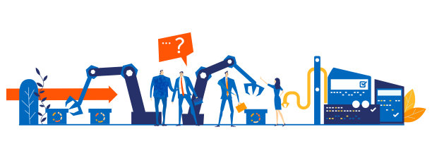 商人检查工厂。商务人士站在生产线旁，看着机器手臂工作。图片下载