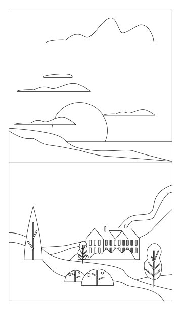 海边景色日落大海，建筑。高山、丘陵、海滩素描涂鸦线条艺术风格。Vectro插图孤立图片下载