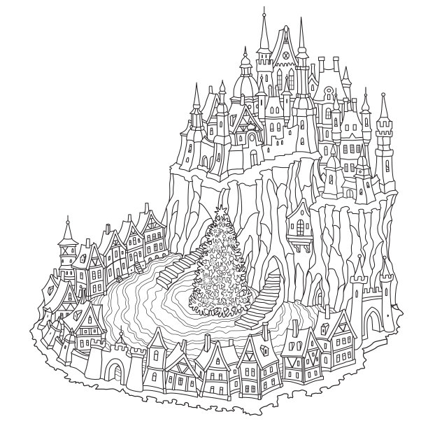 黑白城市景观。童话中的中世纪城堡和圣诞树在小镇街道上。新年贺卡，t恤印花。成人和儿童涂色书页图片下载