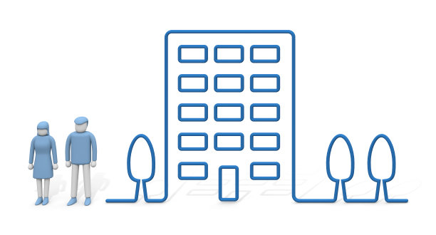 住在公寓里。搬到公寓去住。用线条画的公寓。一套公寓和一对夫妇。图片下载