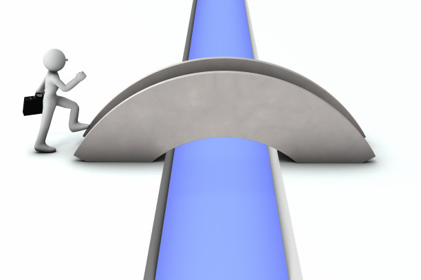 一个跨越桥梁，跨越边界，开拓新世界的商人。3 d渲染。图片下载