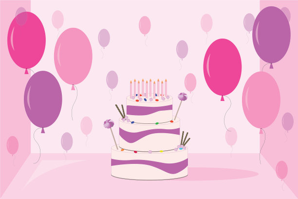 粉红色的蛋糕，气球和蜡烛图片下载