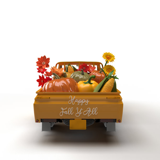 3 d渲染。复古丰收卡车，橙色的南瓜车。感恩节图片下载
