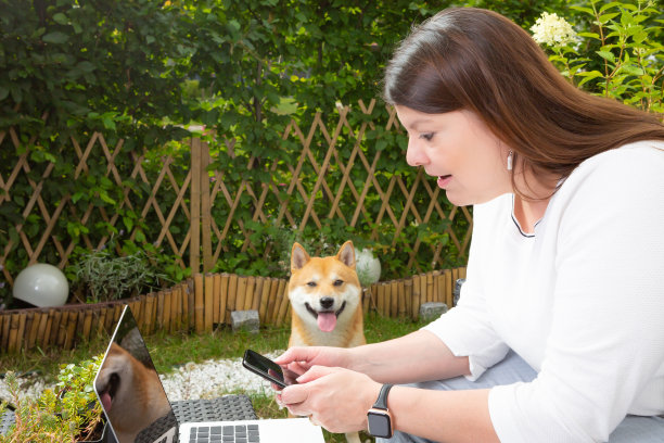 女士工作在家花园和她的狗伴侣。图片下载