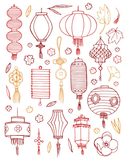 一套传统的中国纸灯笼和装饰品。手绘轮廓矢量草图插图图片下载
